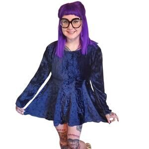 Vintage 90's Grunge Whimsical BLue Velvet Long Sleeve Dress FLowy Tunic Top
